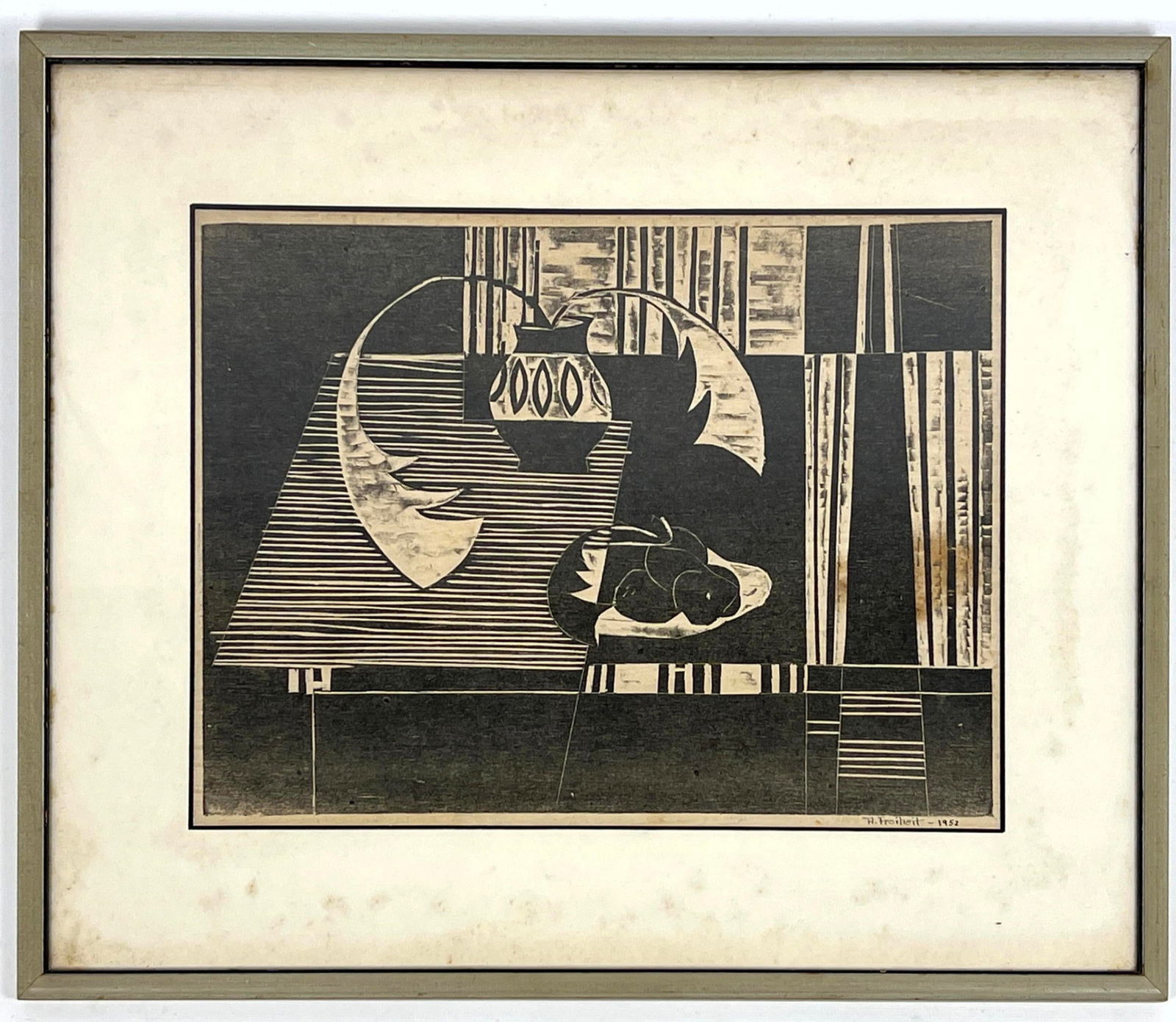 A FREIHEIT 1952 Woodblock Print. Still Life with Plant, Vase and Fruit. Modernist. Signed and Dated. (1 of 8)