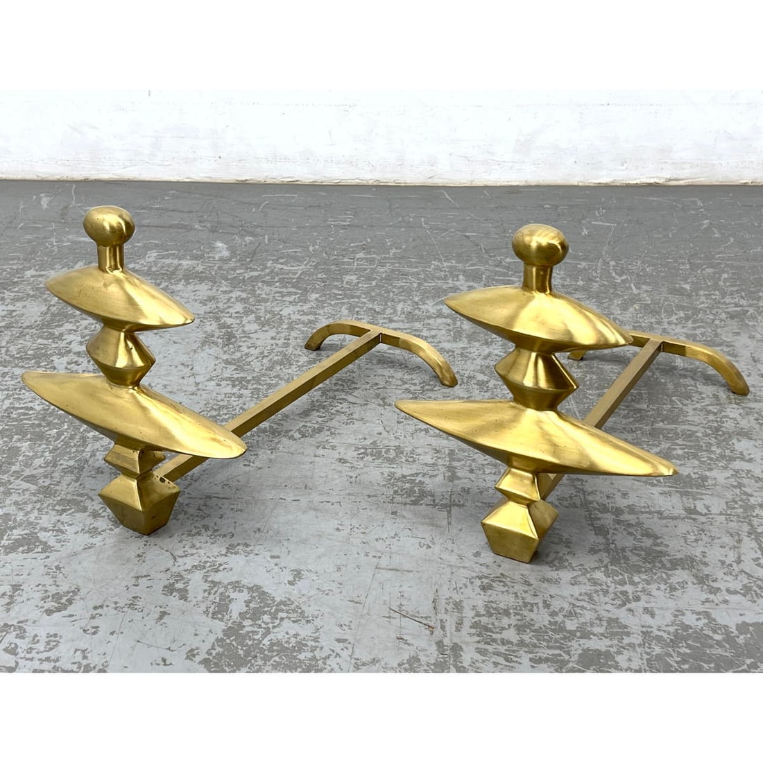 Pair Alberto Giacometti style Brass Andirons. Chenets. Modernist Sculptural Stacked Forms. Brass (1 of 10)