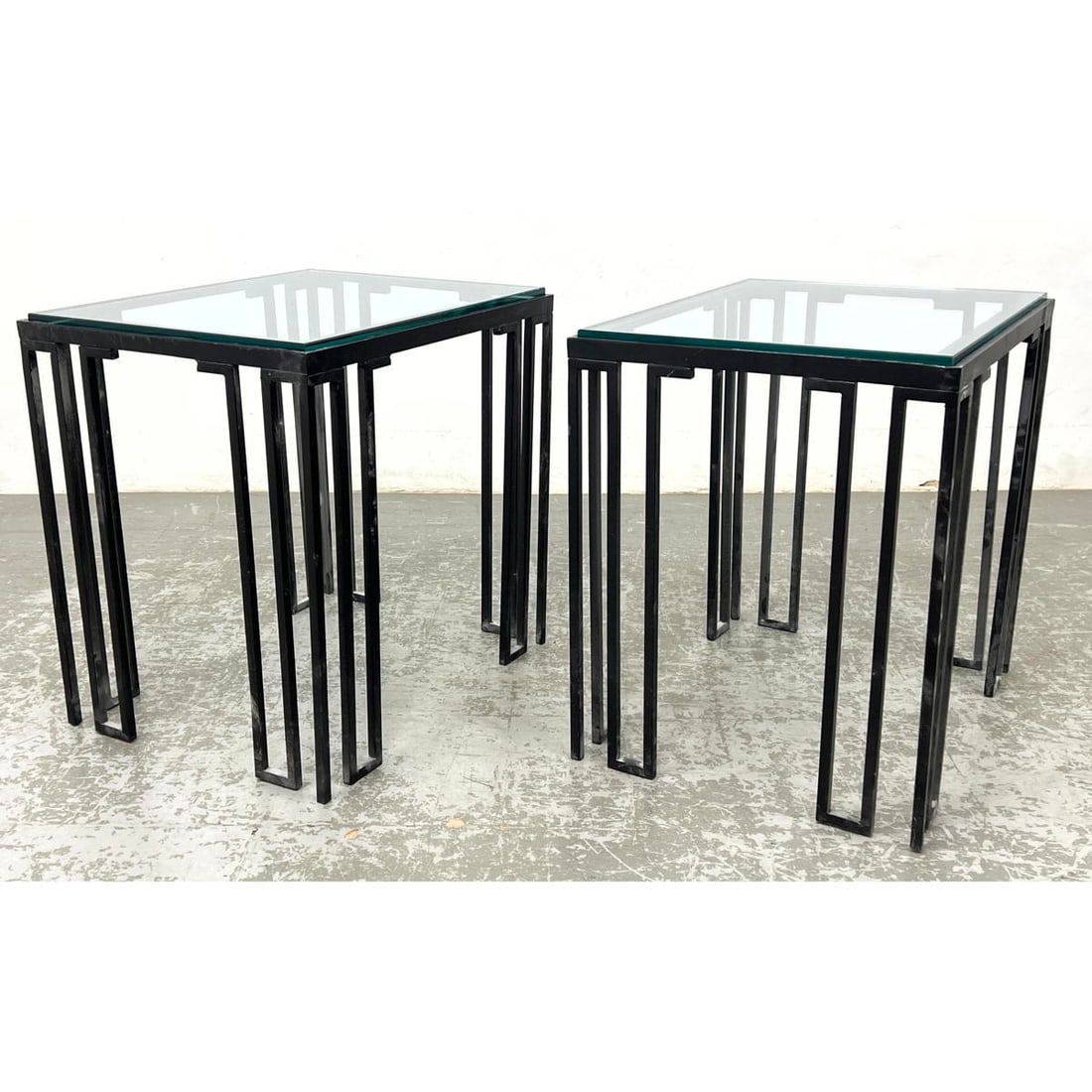Pr Architectural Iron Side Tables. Art Deco inspired Frames Support Thick Heavy Glass Tops. (1 of 13)