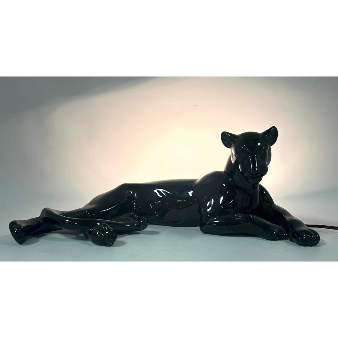 Mid Century Modern High Gloss Black Panther TV Lamp. Reclining Wild Cat Figure. (1 of 12)