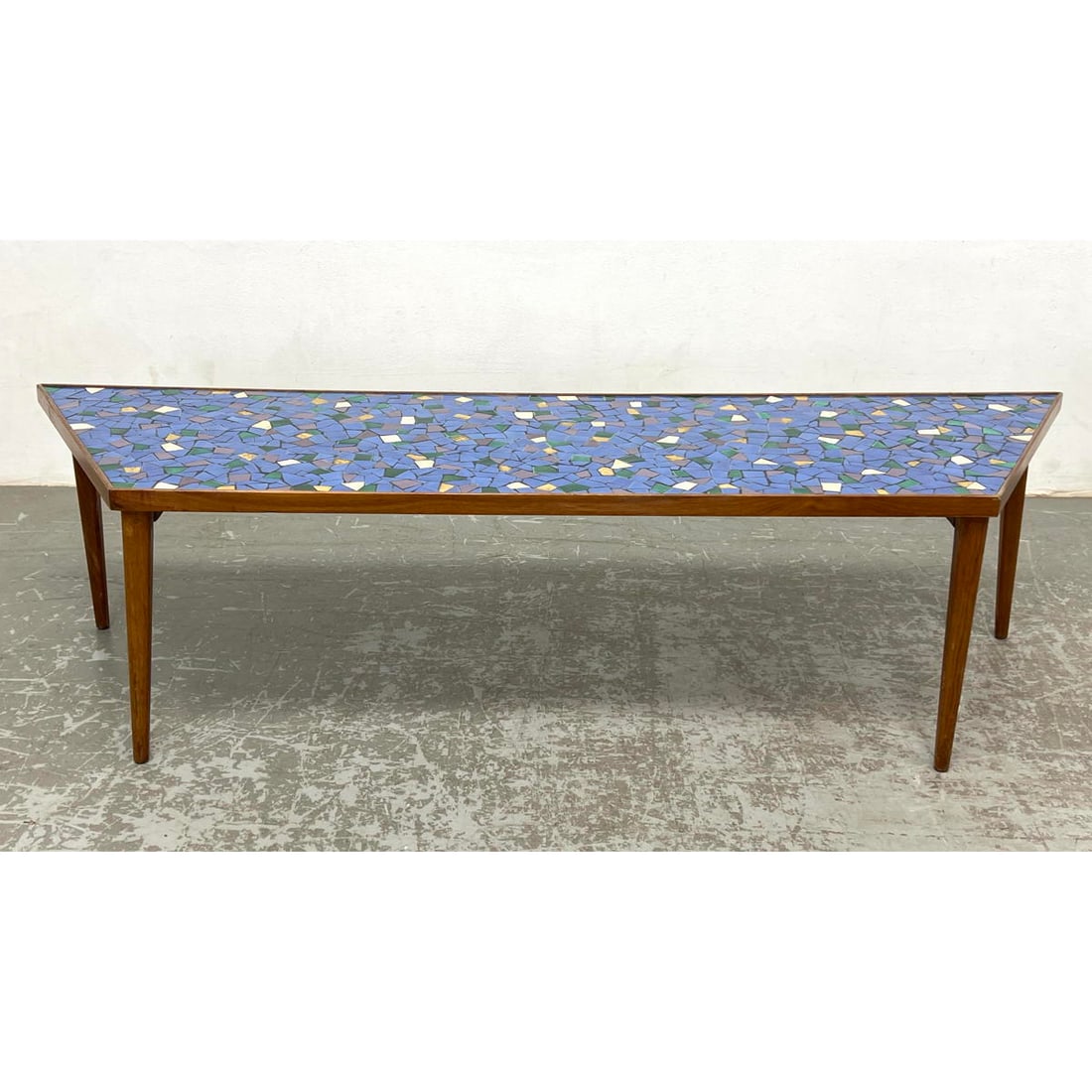 Glazed Pottery Tile Mosaic Top Coffee Table. Modernist Cocktail table. Wood frame with predominately (1 of 8)