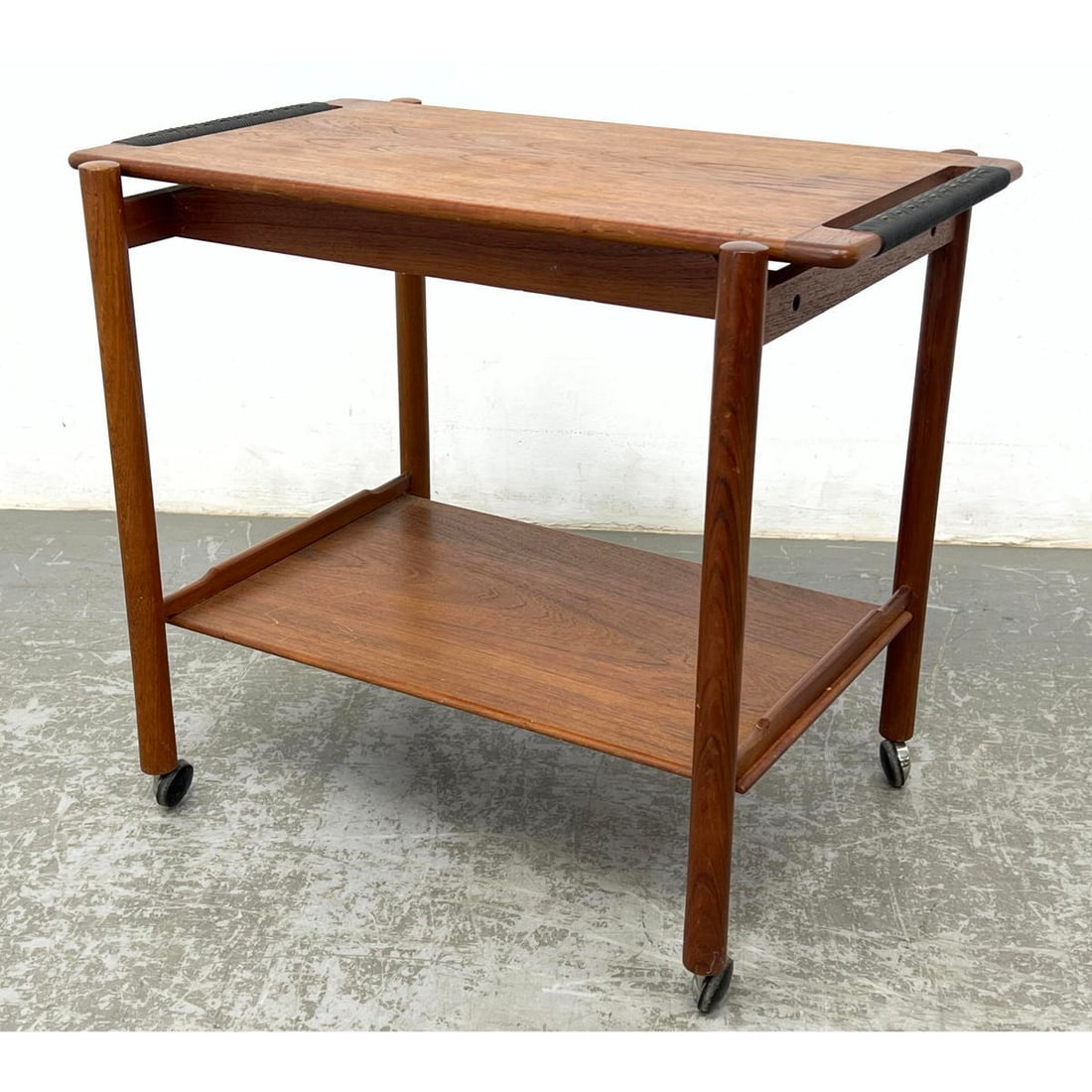 American Modern Walnut Rolling Serving Cart. Two serving levels. Top tier has wrapped handles. (1 of 11)