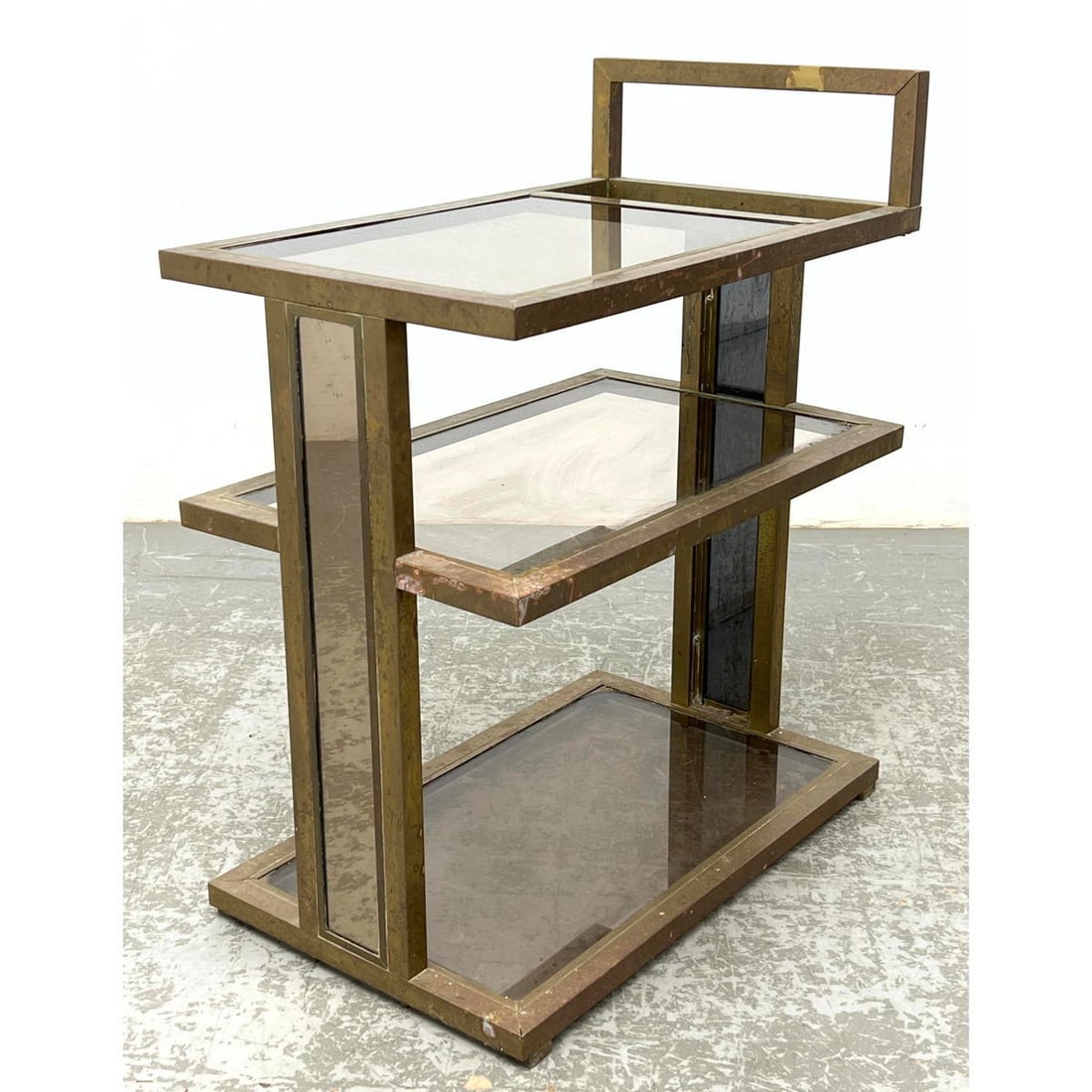 Modern Brass Frame Three Tier Serving Table Stand. Glass Levels. Legs have mirrored trim. (1 of 8)