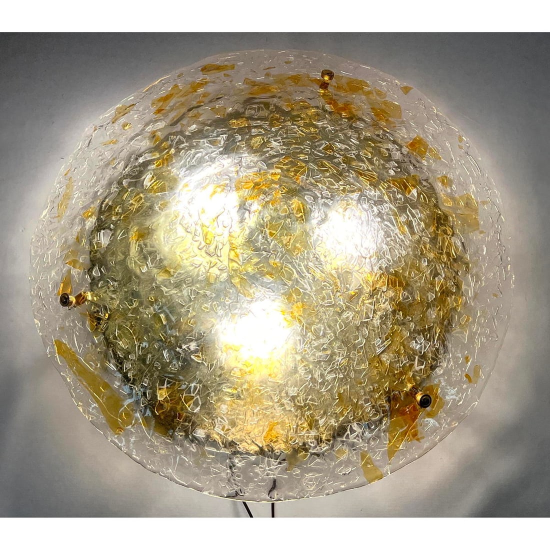 Mazzega Murano clear glass and brass flush mount with amber glass flecks ceiling light (1 of 10)