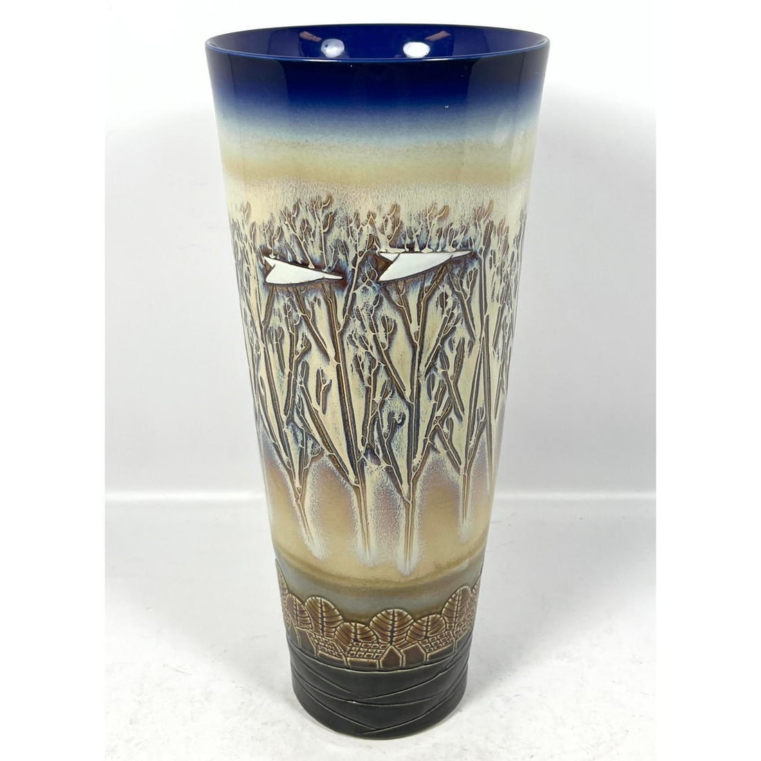 Tall Art Pottery American Studio Vase. Incised Village Landscape Scene. Bare Tree Branches with Appl (1 of 11)