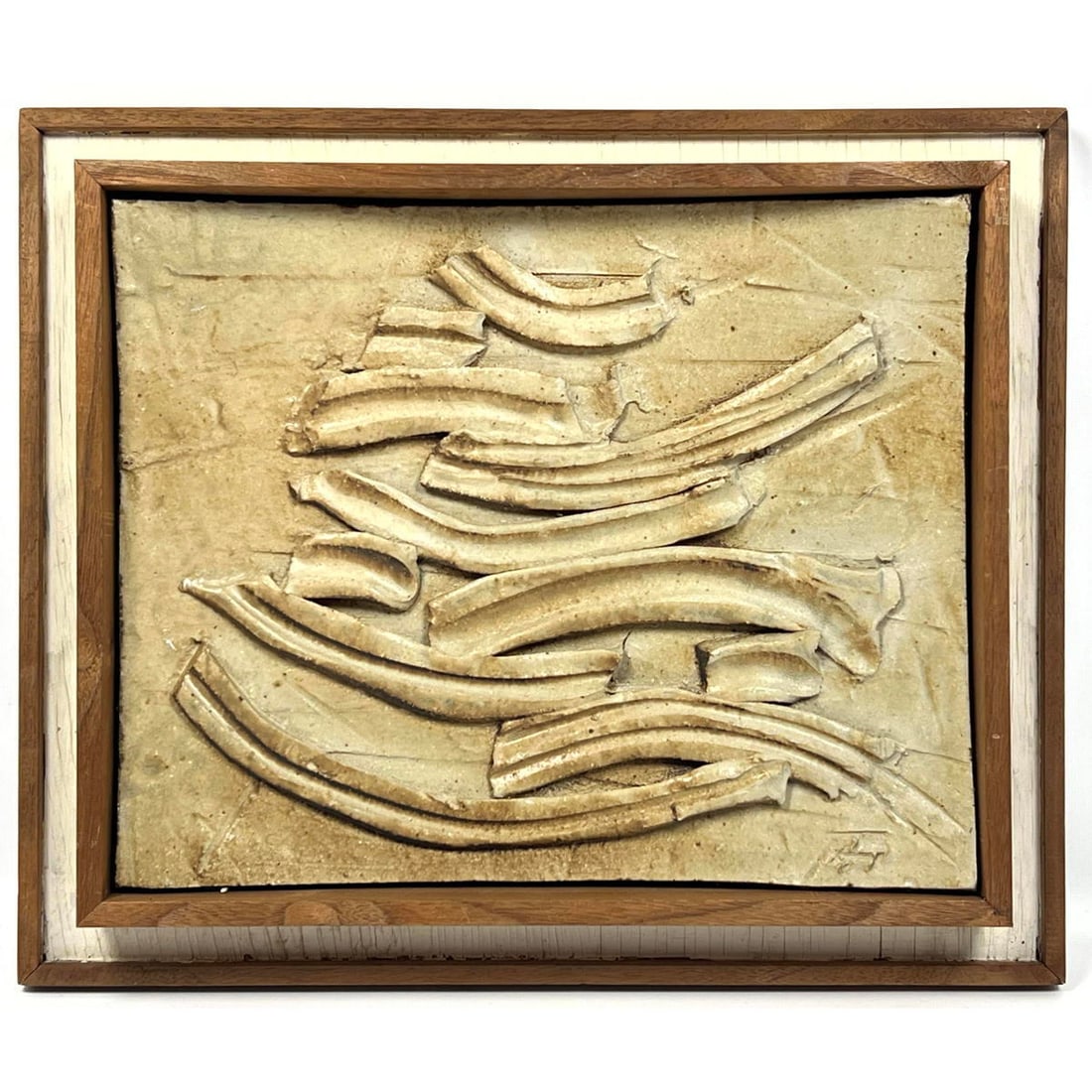 Pottery Mid Century Artisan Abstract Heavy Relief Glazed Ceramic Wall Tile on Walnut Wood Mount Fram (1 of 8)