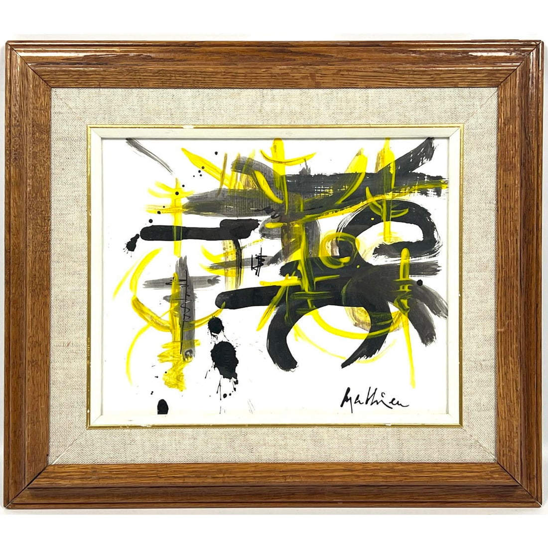 Modernist Abstract Acrylic Painting. Georges Mathieu, attribution. On Paper. Framed.: Modernist Abstract Acrylic Painting. Georges Mathieu, attribution. On Paper. Framed. Dimensions: Frame Height: 14 inches, Frame Width: 16 inches. - Image Size: Image Height: 8.25 inches, Image Width: