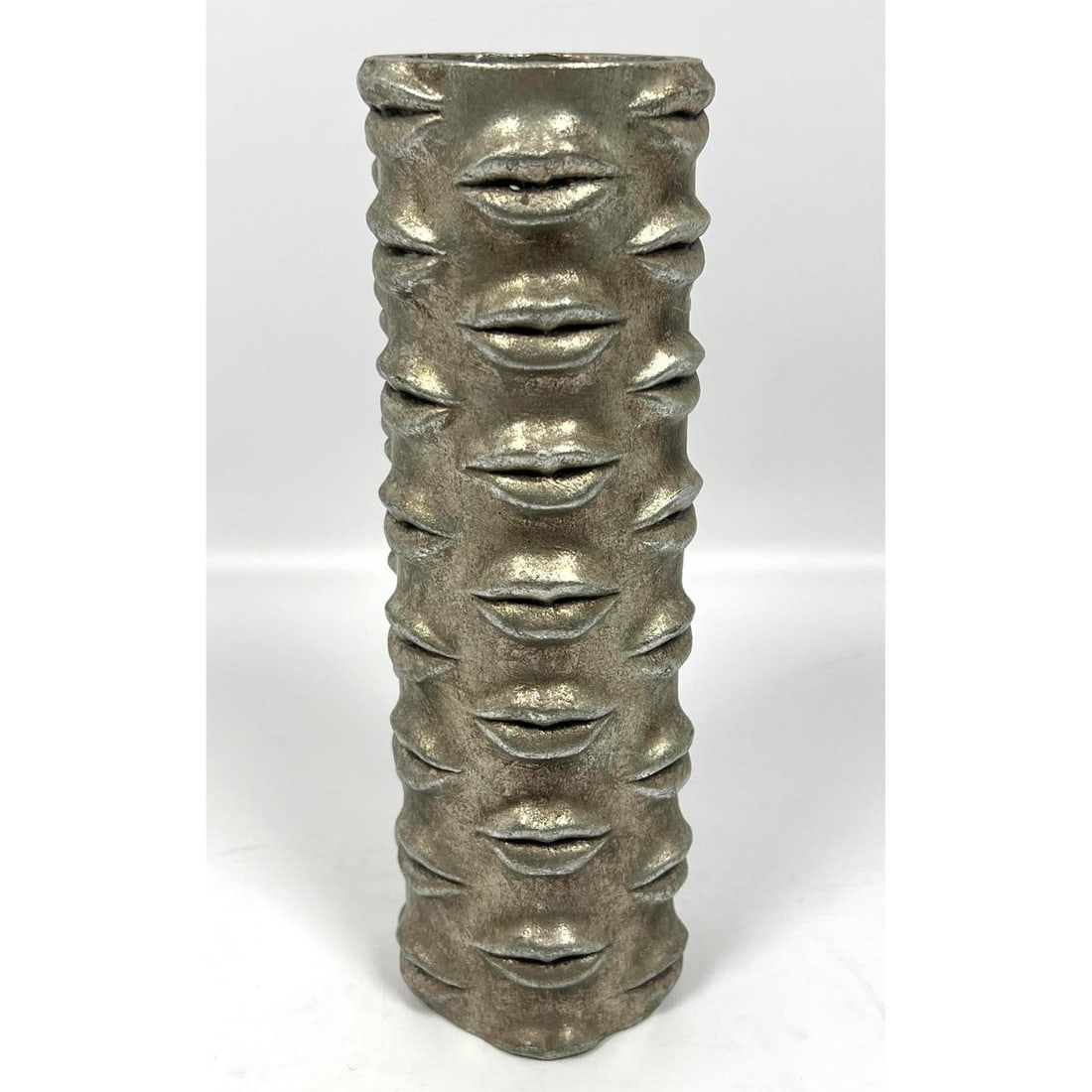 Lips Cylinder Vase. Silvered finish. Jonathan Adler style. Cylinder vase with overall raised lip des (1 of 8)