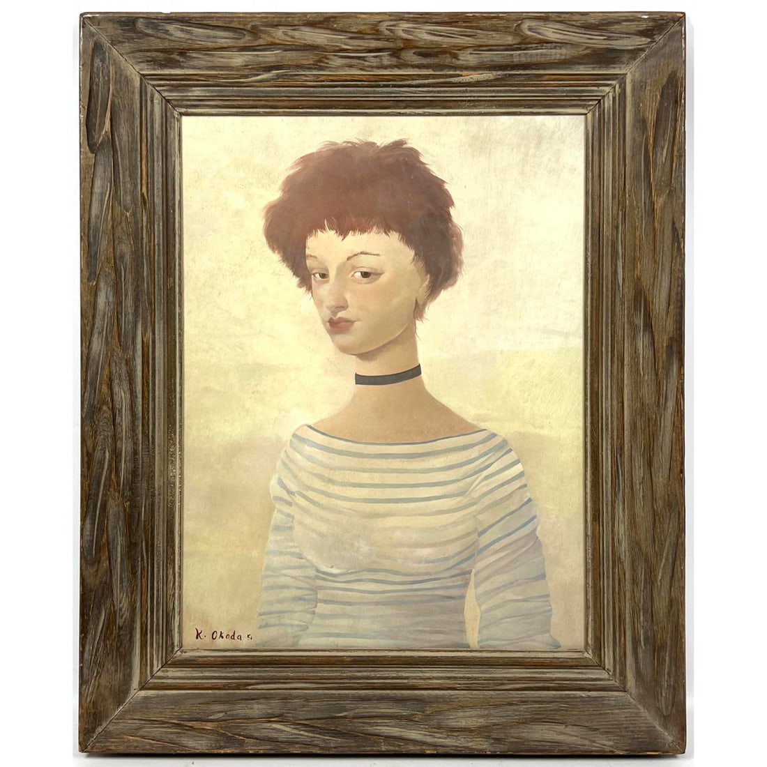 K. Okada 1951 Modern Portrait Painting of Woman on Board (1 of 9)