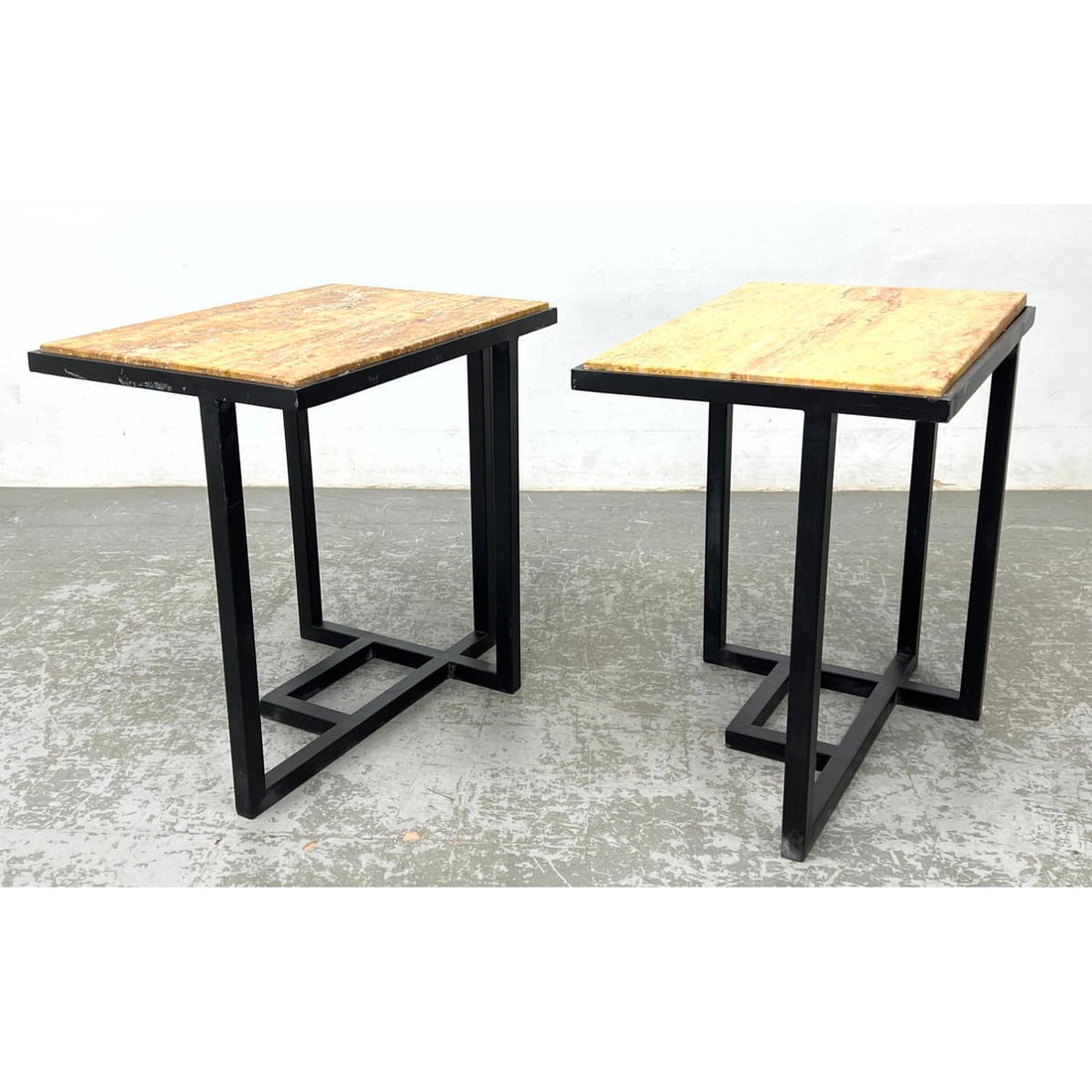 Pr Travertine Marble Modernist Side Tables. Metal Base Geometric Frames. (1 of 13)