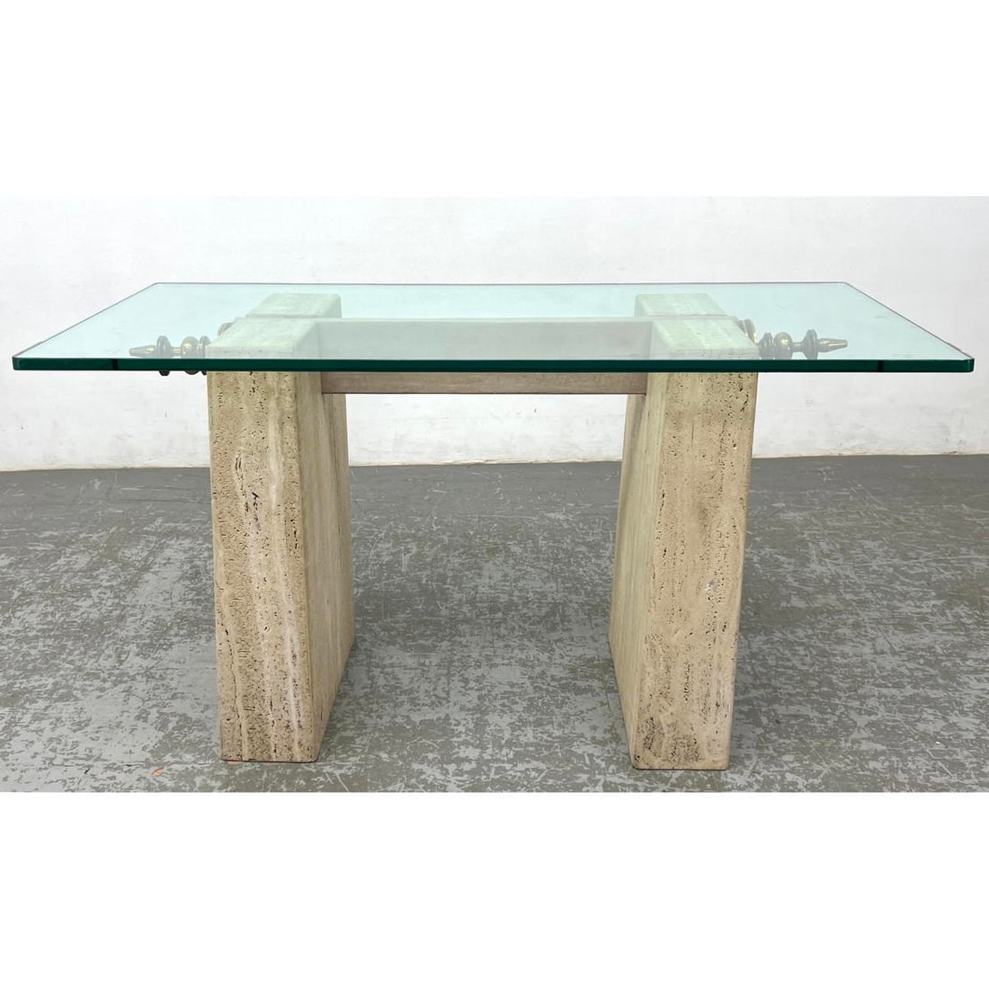 Decorator Italian Travertine and Glass Top Console Hall Table with Bronze Mounts (1 of 9)
