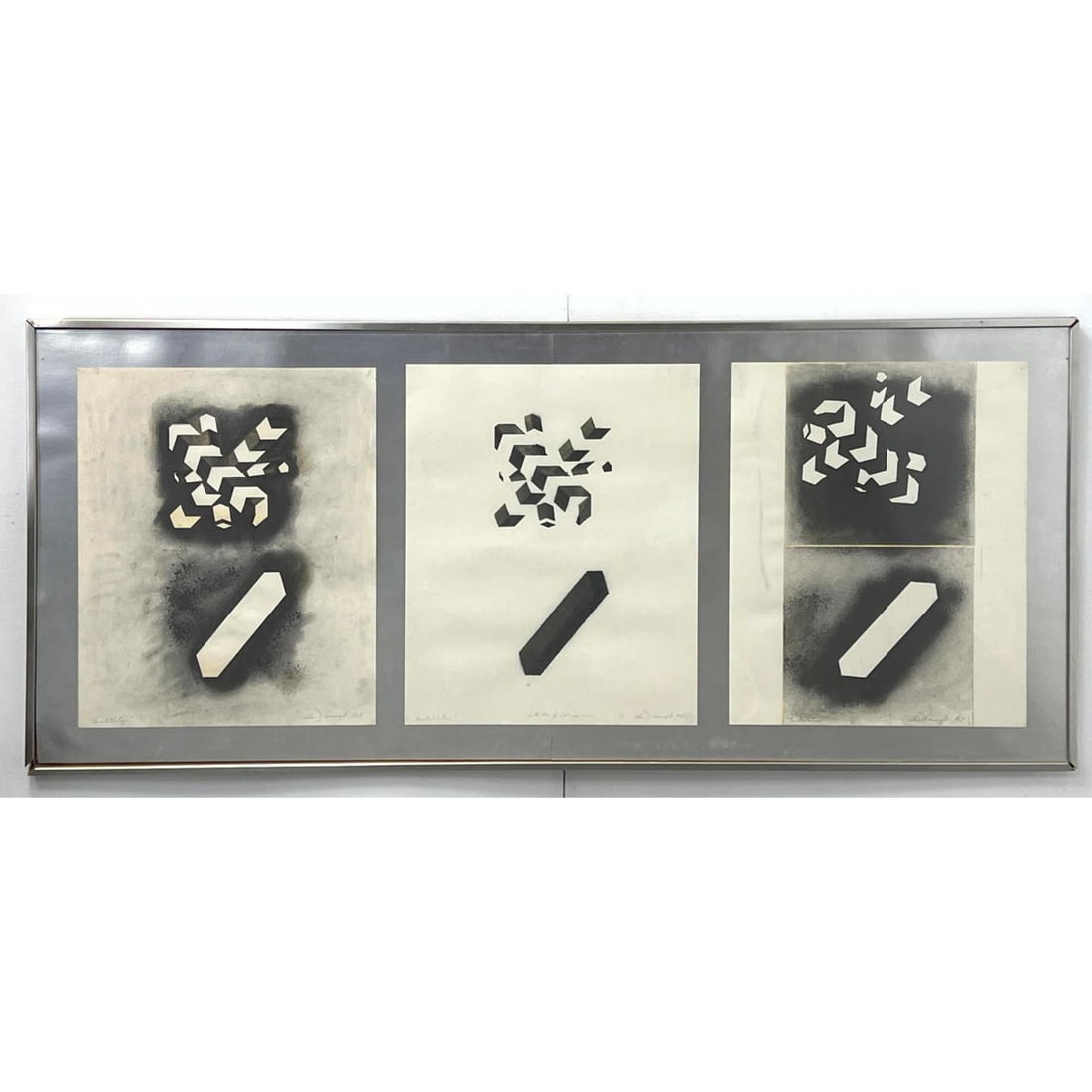 3pc ALLAN D'ARCANGELO Original Art. Graphite Drawing and Collage. Framed together. "Constellation".: 3pc ALLAN D'ARCANGELO Original Art. Graphite Drawing and Collage. Framed together. "Constellation". Artist signed and dated 1969. Pencil inscription. Dimensions: Height: 30 inches, Width: 67 inches. -