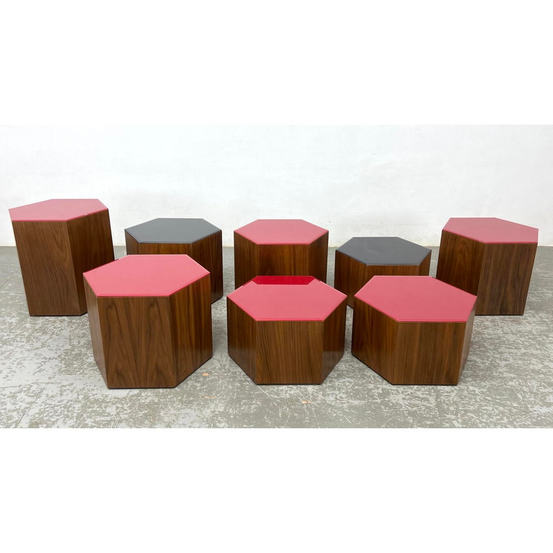 8pc Hexagonal Wood Base Tables. Shiny colorful tops. Variety of Heights and Sizes. (1 of 15)