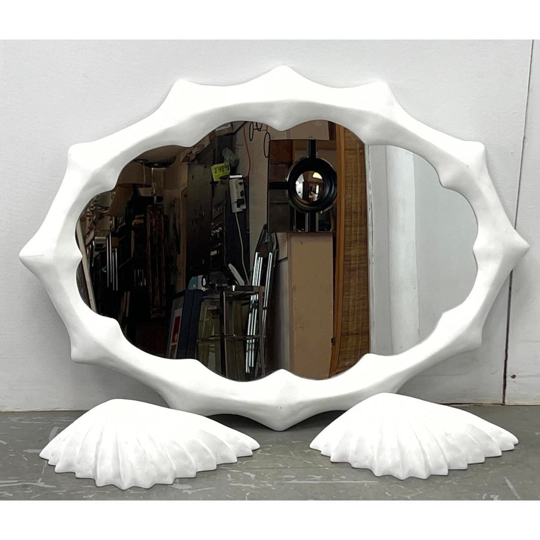 3pc Stephen Antonson Attributed White Oval Scalloped Mirror. Pr Small Sculptural Shell Wall Shelves. (1 of 10)