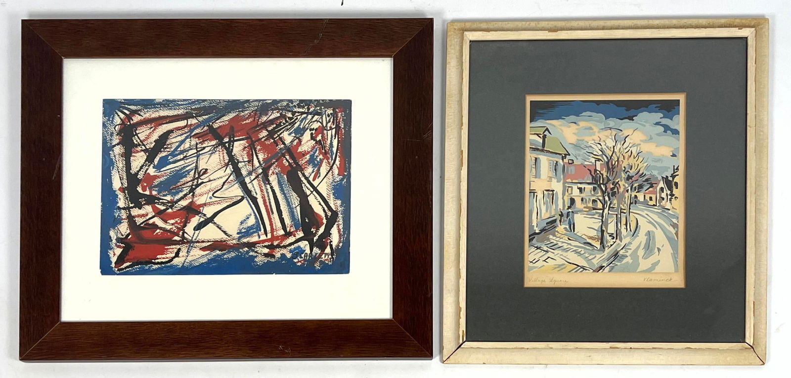 2pc 20th C Art. 1) VLAMINCK Screen Print "Village Square". Signed. 1). SCARLETT Original Painting. F (1 of 15)
