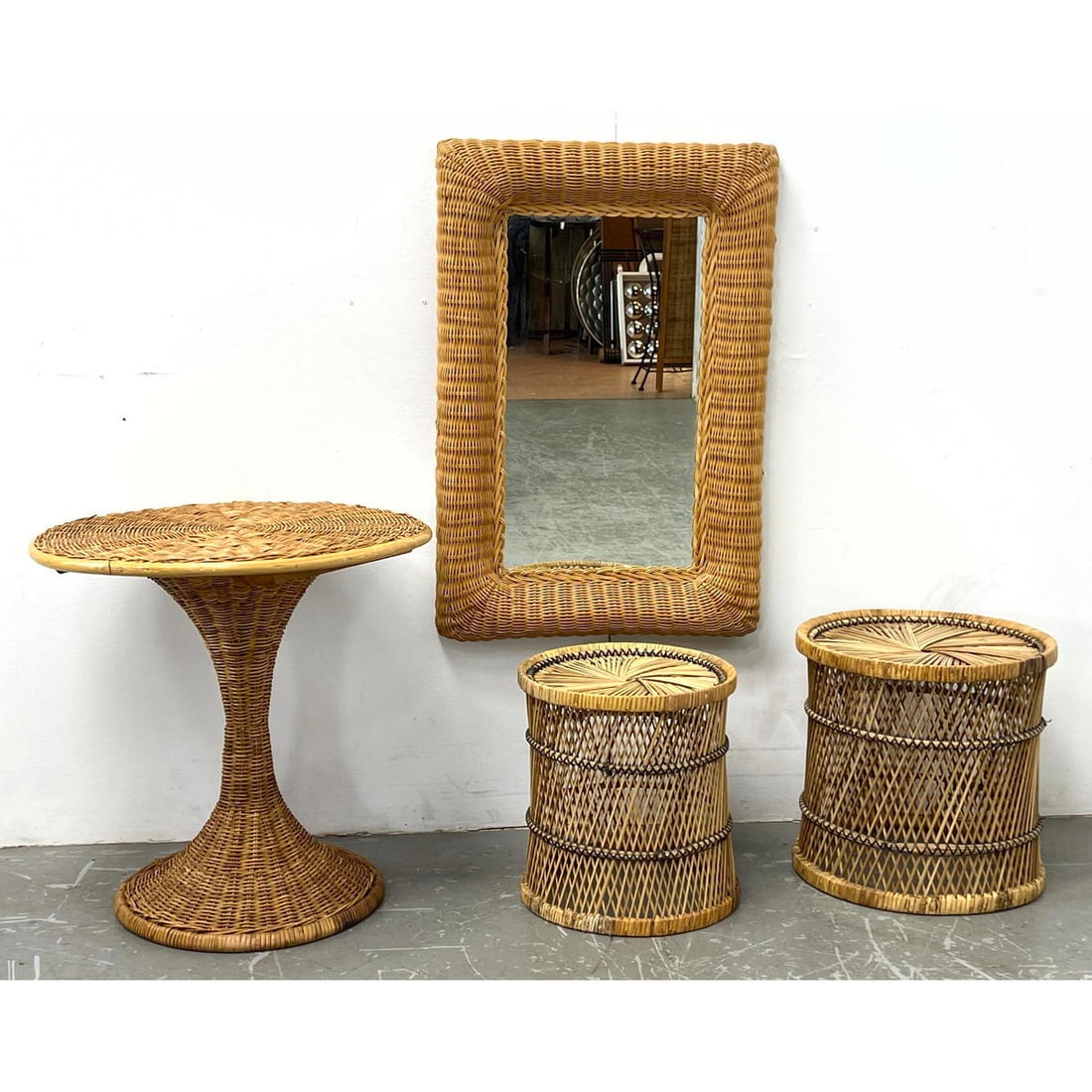 4pc 20th century Woven Wicker Items. Wall Mirror. 2 Round Drum style side End Tables. Tulip style Pe (1 of 13)
