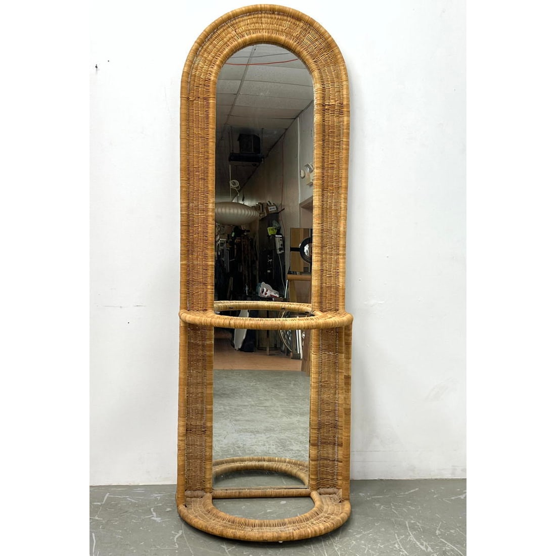 Vintage Wicker Floor Hall Mirror, Missing Shelf Glass. Woven rattan. (1 of 7)