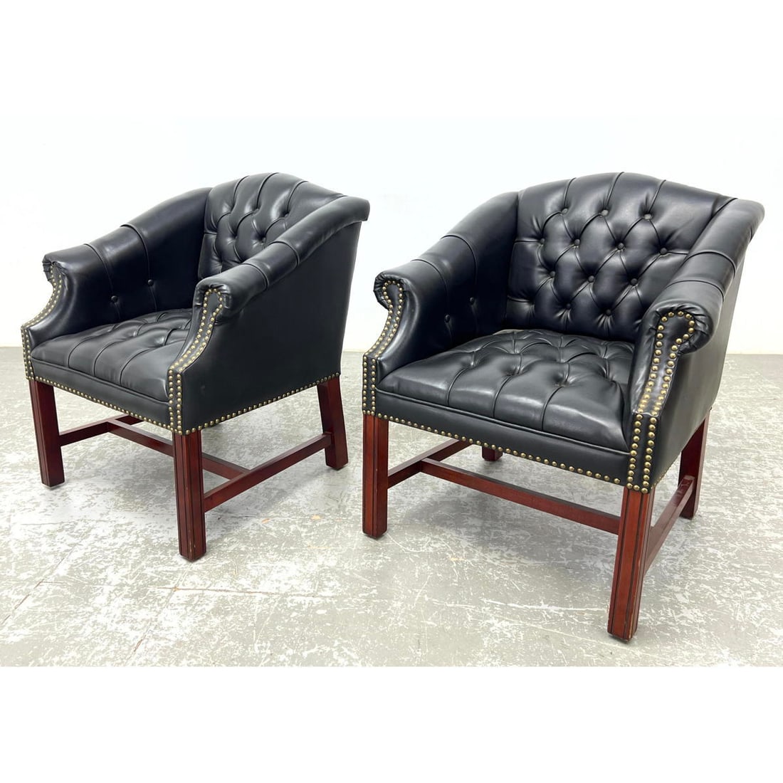 Pr Chesterfield style Tufted Arm Chairs. Vintage inspired. Rolled Arms. Wood frame.: Pr Chesterfield style Tufted Arm Chairs. Vintage inspired. Rolled Arms. Wood frame. Dimensions: Height: 32 inches, Width: 29 inches, Depth: 27 inches. - Seat Height: 18 inches --- - We offer curbside