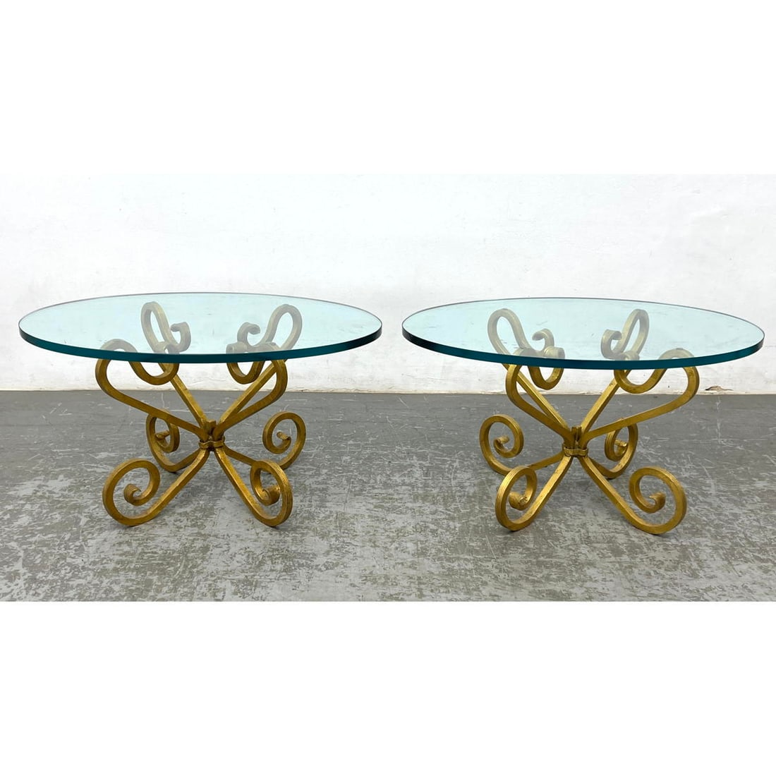 Pr Modernist Heavy Gilt Iron Tables. Round Thick Glass Tops. (1 of 11)