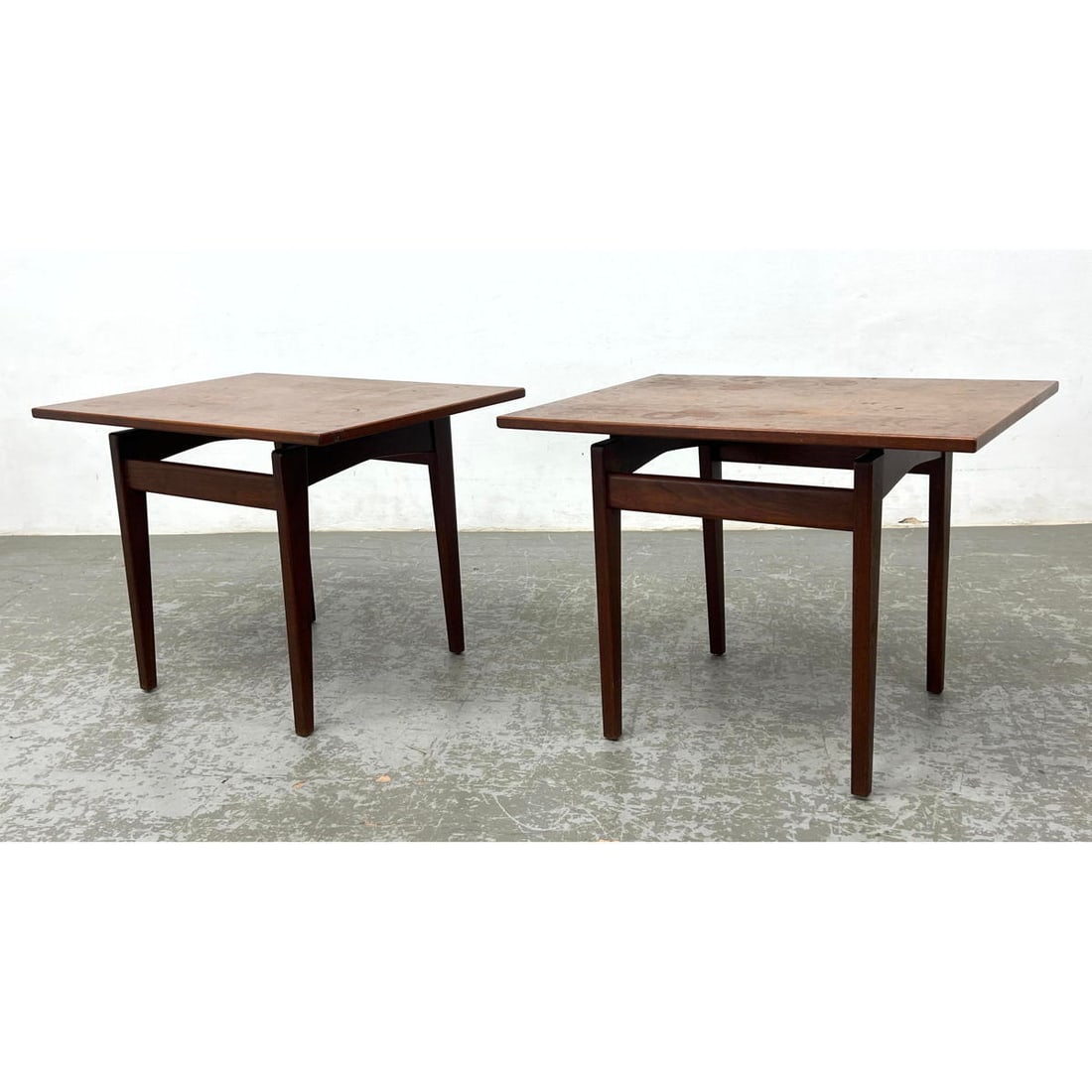 Pair Jens Risom for Risom Designs floating top walnut side tables. Marked Risom Designs on underside (1 of 12)