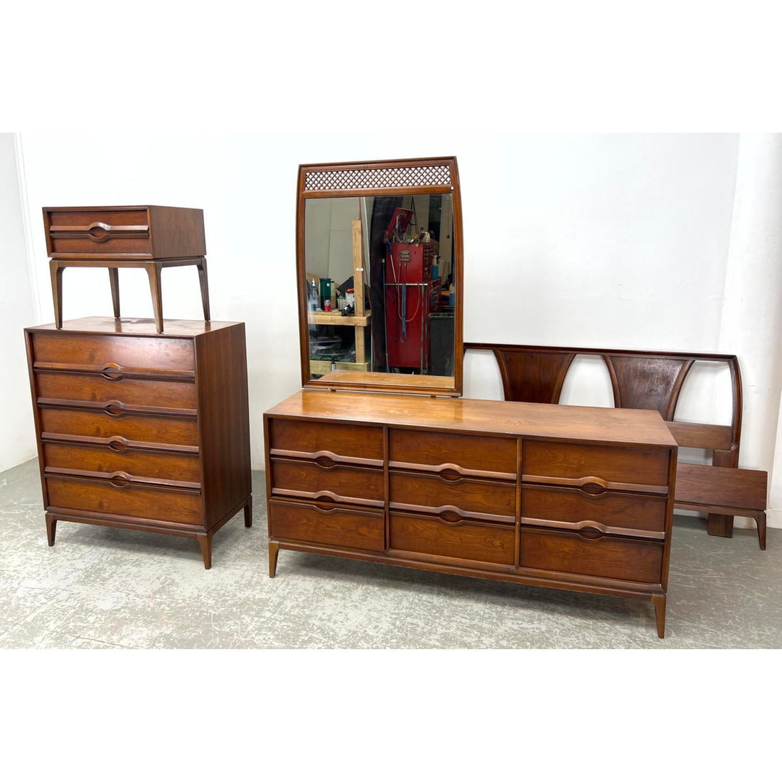 5pc LANE American Modern Walnut Bedroom Set. High and Low Dressers, Single Night Stand, Mirror and H (1 of 20)