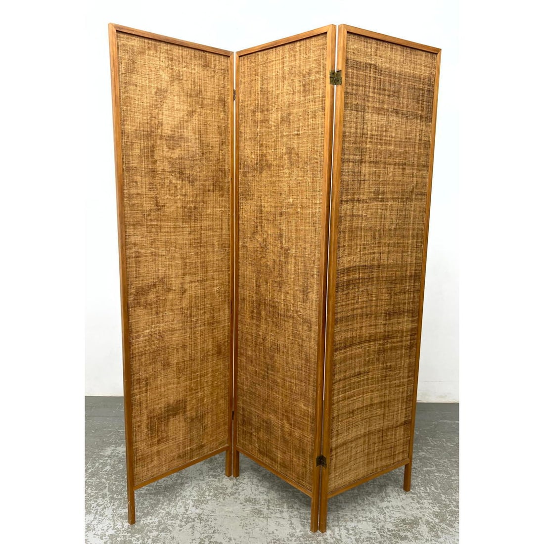 Three Panel Burlap Folding Screen. Wood Frame Room Divider. Reverse side is plywood. (1 of 10)