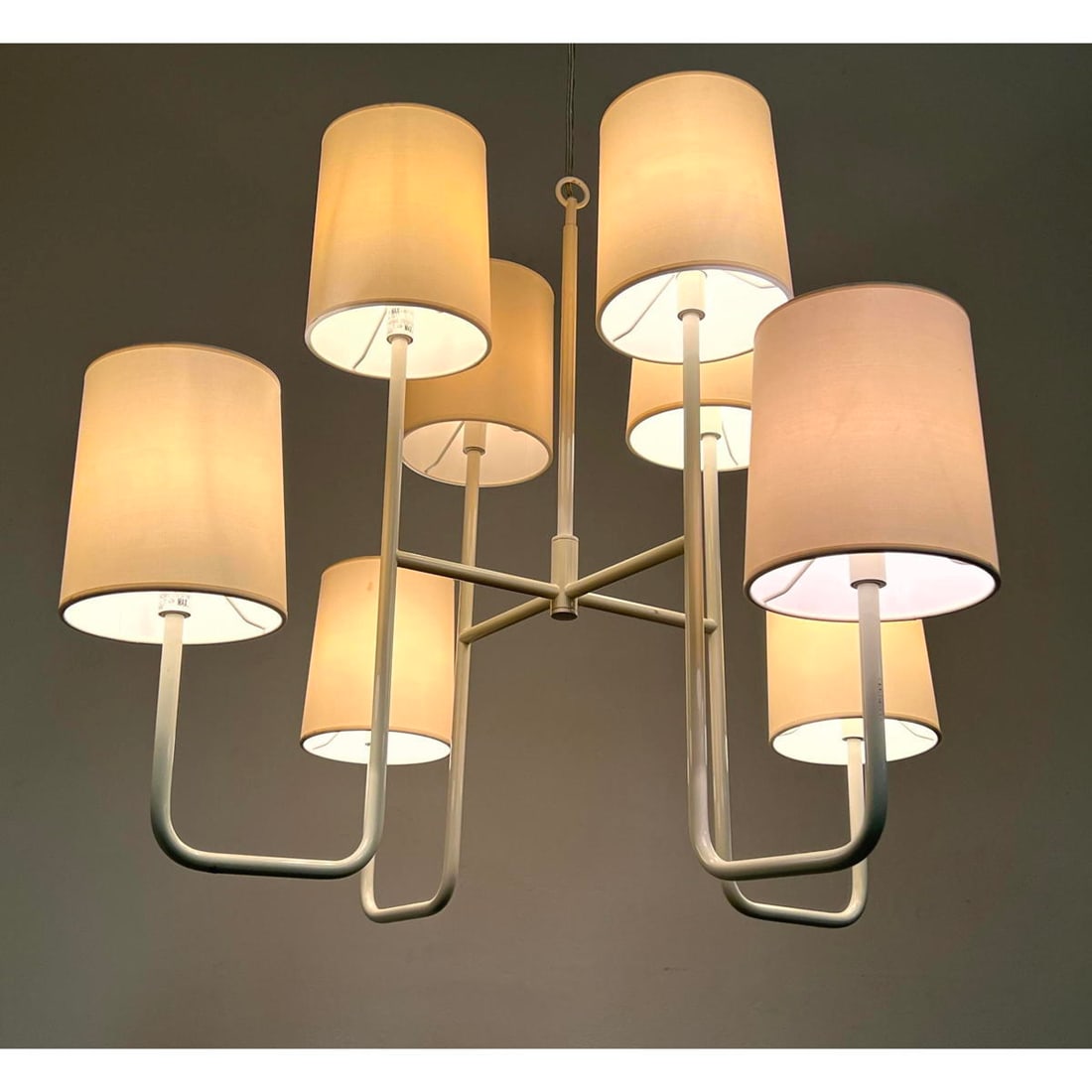 White Go Lightly Chandelier bent metal with shades. Unsigned. Barbara Barry or Serena and Lily Fairm: White Go Lightly Chandelier bent metal with shades. Unsigned. Barbara Barry or Serena and Lily Fairmont style. Dimensions: Height: 24 inches, Width: 31 inches, Depth: 31 inches. --- - We offer curbsid