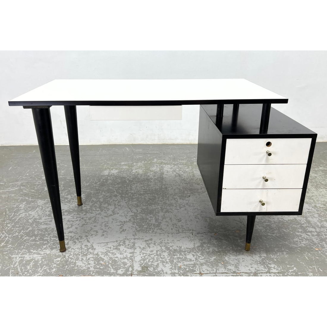 Paul McCobb style Modernist Desk. Contrasting Black and White Motif. Floating Drawer Cabinet has ope (1 of 12)