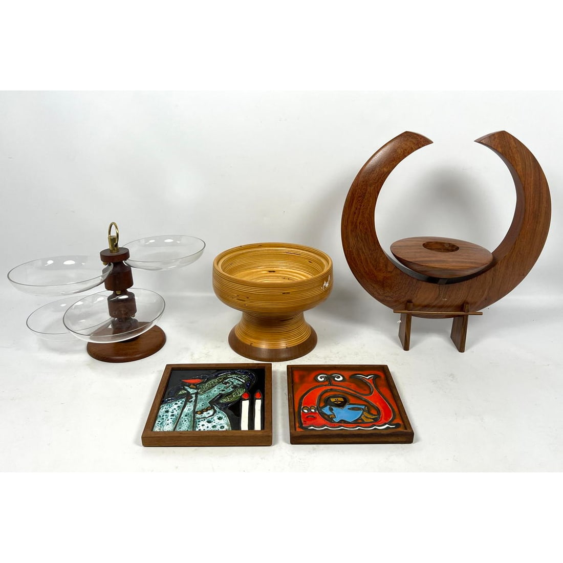 Mid Century Modern lot. Sculptural Carved Candleholder, Stacked Laminate Bowl, Teak and Glass Danish (1 of 15)