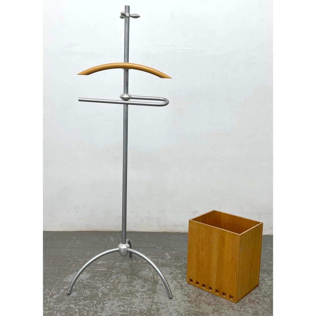 Post Modern Michael Graves Style Anodized Aluminum and Wood Valet and Wood Waste Basket: Post Modern Michael Graves Style Anodized Aluminum and Wood Valet and Wood Waste Basket Dimensions: Height: 52 inches, Width: 20 inches, Depth: 20 inches. - Additional Dimensions: Box H: 13 inches, W: