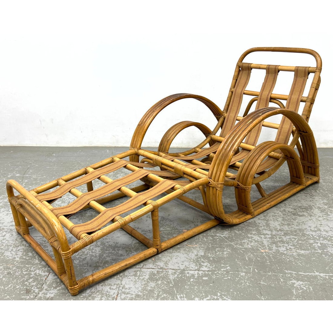 Vintage Wicker Rattan Chaise Lounge Chair. Bentwood frame. 4 band swirl arms. (1 of 15)