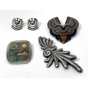 4pc Sterling Silver Mexican Jewelry Lot. MARGOT de TAXCO Enamel Art Deco Head Brooch. METALES Parrot (1 of 17)