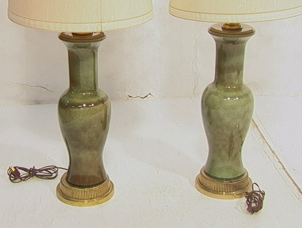 PR Tall Ceramic Urn Lamps. Frederick Cooper Lamps: PR Frederick Cooper Lamps Tall Ceramic Urn Lamps. Long Necked Pottery with elegant drippy green glaze. Brass ribbed bases. Ceramic is 20.75" tall.-- Dimensions: H: 40 inches ---