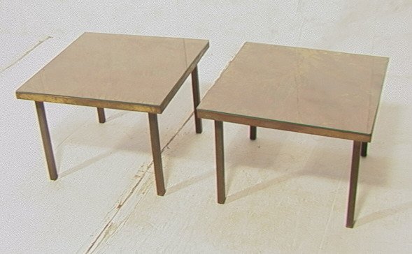 Pr LaVERNE style Etched Bronze Side Tables. PHILL: Pr LaVERNE style Etched Bronze Side Tables. PHILLIP and KELVIN LaVERNE Attribution. Square bronze legs and frame. Etched abstract designs. Unsigned.-- Dimensions: H: 17 inches: W: 23.5 inches: D: 23.5