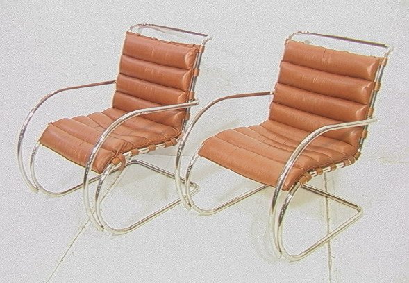 PR KNOLL MR Chairs. Chrome with Brown Leather Uph: PR KNOLL MR Chairs. Chrome with Brown Leather Upholstery. Thick tubular chrome frame. Strap back and seat. Marked: KNOLL International.-- Dimensions: H: 33 inches: W: 25 inches: D: 41 inches: L: 3 inc