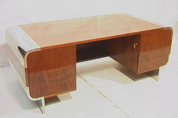 PACE American Modern Walnut Chrome Executive Desk: PACE American Modern Walnut Chrome Executive Desk. Chrome edges and base. Five drawers. Two chrome pull out trays on rear. Unmarked.-- Dimensions: H: 29.5 inches: D: 38 inches: L: 78 inches ---