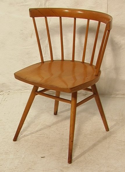GEORGE NAKASHIMA for KNOLL Side Chair. Spindle Back: GEORGE NAKASHIMA for KNOLL Side Chair. Spindle Back. Splayed legs and stretchers. Early Knoll Assoc. Inc label. Branded mark.-- Dimensions: H: 28 inches: W: 21 inches: D: 19 inches ---