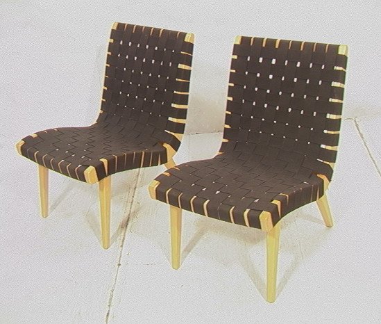 PR Knoll Studio JENS RISOM Woven Lounge Chairs. W: PR Knoll Studio JENS RISOM Woven Lounge Chairs. Woven black webbing on light wood frames. Marked. 2 PCS-- Dimensions: H: 30 inches: W: 20 inches: D: 29 inches ---