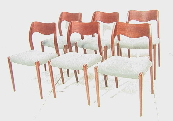 Set 6 Teak Dining Chairs. J.L. MOLLER Danish Mode: Set 6 Teak Dining Chairs. J.L. MOLLER Danish Modern. Back legs splay into curved back rests. Turquoise fabric seats. Metal Tag. 6 PCS.-- Dimensions: H: 30.5 inches: W: 19.5 inches: D: 19 inches ---
