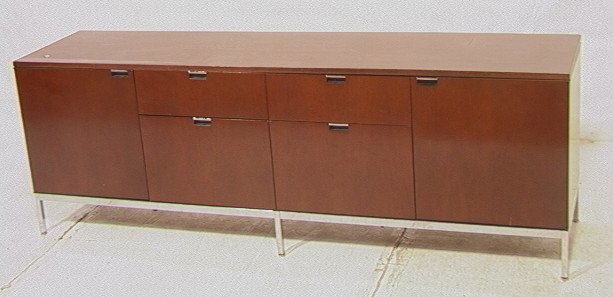 Heavy KNOLL Office Credenza. American Modern Waln: Heavy KNOLL Office Credenza. American Modern Walnut Cabinet on Square Chrome Legs Base. Chrome door pulls. Not marked. -- Dimensions: H: 26 inches: D: 18 inches: L: 74.5 inches ---