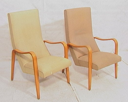 PR ALVAR AALTO Lounge Arm Chairs. Laminated Frame: PR ALVAR AALTO Lounge Arm Chairs. Laminated Frame. Vinyl upholstery: One with tan upholstery,one with gray upholstery. -- Dimensions: H: 42 inches: W: 24 inches: D: 33 inches ---