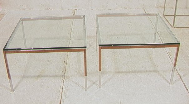 PR KNOLL Chrome Glass Square Side Tables. Solid C: PR KNOLL Chrome Glass Square Side Tables. Solid Chrome square legs. 3/4" thick glass cocktail coffee tables. Unmarked-- Dimensions: H: 19 inches: W: 29.5 inches: D: 29.5 inches ---