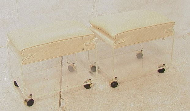 PR Lucite Roll Around KARL SPRINGER Style Stools: PR Lucite Roll Around KARL SPRINGER Style Stools Benches. White Fabric. Interesting construction where lucite curves into upholstered seat cushion. Unmarked.-- Dimensions: H: 16.5 inches: W: 21 inches