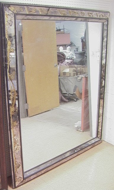 Large Decorator Mirror. Asian Inspired. Eglomise: Large Decorator Mirror. Asian Inspired. Eglomise mirror frame. Black ebonized wood trim.-- Dimensions: H: 72 inches: W: 58 inches ---