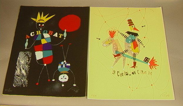 PR WOLFGANG ROTH Pencil Signed Screenprints. 1).: PR WOLFGANG ROTH Pencil Signed Screenprints. 1). Le Cheval de Cirque. Clown on Horseback. Pencil signed & Numbered 235/250. 2). Acrobat. From "The Littlest Circus" Exhibition: "Wolfgang Roth: The Art