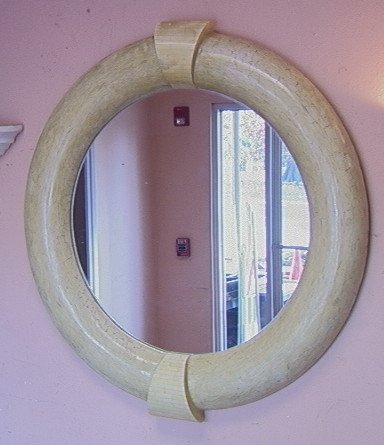 Large Karl Springer Style Wall Mirror. Faux and: Large Karl Springer Style Wall Mirror. Faux and tessellated. Large round form. -- Dimensions: H: 50 inches: W: 46.5 inches: D: 5 inches ---