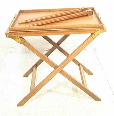 Baker Folding Server. Tray top table. Folding x: Baker Folding Server. Tray top table. Folding x base with flip top and serving tray. Tapered legs attach for extension. Brass mountings. Opened length 29x90x21.-- Dimensions: H: 29 inches: W: 31 inche