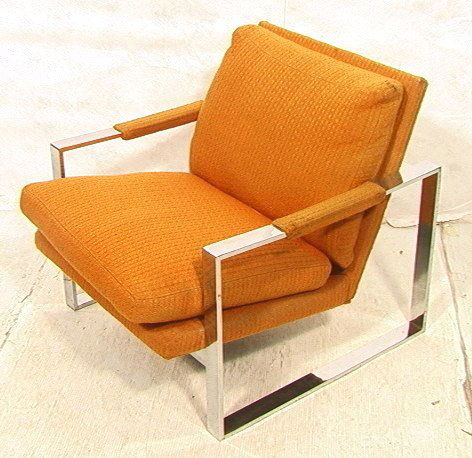 THAYER COGGIN by MILO BAUGHMAN Flat Chrome Lounge: THAYER COGGIN by MILO BAUGHMAN Flat Chrome Lounge Chair. Flat chrome square side frame. Striped orange upholstery and arm rests. Labeled.-- Dimensions: H: 27.5 inches: W: 29.5 inches: D: 33 inches ---