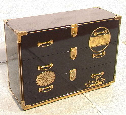 MASTERCRAFT Black Lacquer Brass Trim Asian Cabine: MASTERCRAFT Black Lacquer Brass Trim Asian Cabinet. Three drawer bachelor's chest with brass accents, hardware and trim. Unmarked.-- Dimensions: H: 31.75 inches: W: 43 inches: D: 16.5 inches ---