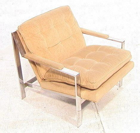 MILO BAUGHMAN Wide Flat Chrome Frame Lounge Chair: MILO BAUGHMAN Wide Flat Chrome Frame Lounge Chair. Arm chair. Tufted tan cloth upholstery.-- Dimensions: H: 29 inches: W: 29.75 inches: D: 33 inches ---